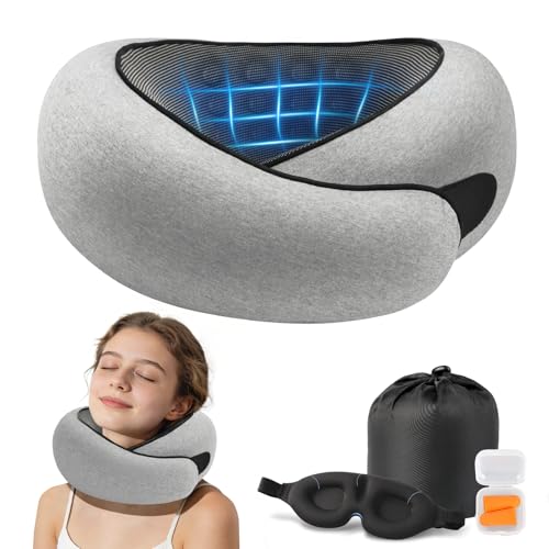 Purroch Neck Pillow Airplane, Travel Pillow with Eye Mask & Earplugs, Memory Foam Pillow with Adjustable Velcro Strap, Pillows for Travel, Plane, Car, Home, Work, Light Grey image 8