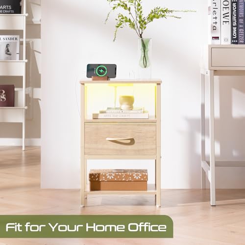 Image of Yoobure Night Stand with Charging Station, LED Nightstand for Bedroom, Bedside Tables with Adjustable Fabric Drawer, 3-Tier End Table Living Room, Small Side Table with Storage, Natural Wood