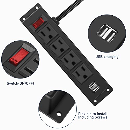 Hhsoet 4 Outlet Gun Safe Power Outlet Kit, Wall Mount Power Strip With Usb Ports, 10Ft Extension Cord With Conductor Inline Connectors Accessory. (Black) #TOP4