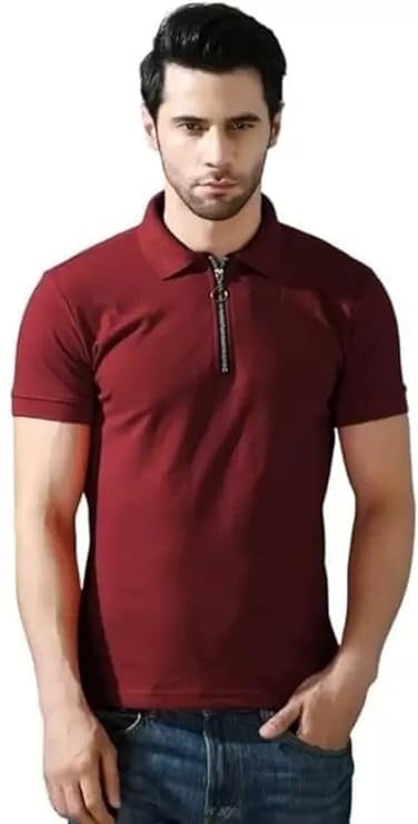 Image of Solid Polo T-Shirt Zip Collar Cotton Blend Half Sleeves for Men's