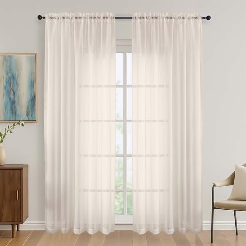 Image of OVZME Cream Sheer Curtains 84 Inches Long 2 Panels Set, Light Filtering Sheer Curtains for Living Room Bedroom 59 Inch Extra Wide, Modern Voile Filmy Rod Pocket Window Drapes, 59Wx84L Inches