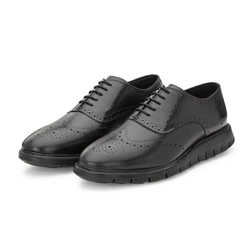 Image of Legwork Informal Brogue 2.0 - Italian Leather Hybrid Dress Shoes with XL Extralight Outsole | Ultra-Lightweight & Comfortable Oxford Wingtip | All-Black Elegance