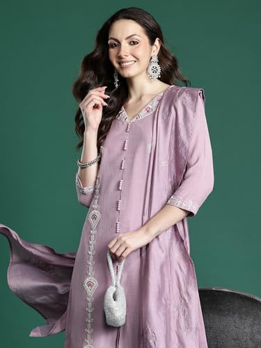 Image of INDO ERA Women's Straight Silk Blend Floral Printed Embroidered Kurta & Pant with Dupatta Set (KH9LV11382)