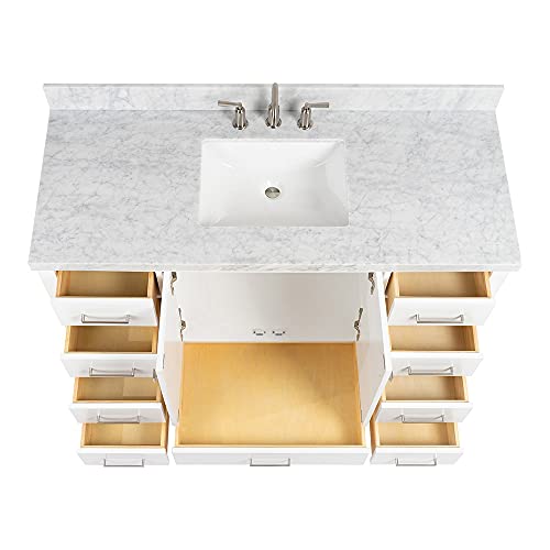 Dkb-55 Inch White Bathroom Vanity With 1.5" Inch Thick Italian Carrara White Marble Countertop | Rectangle Sink | 2 Soft Closing Doors And 9 Full Extension Dovetail Drawers | Satin Nickel Hardware #TOP3