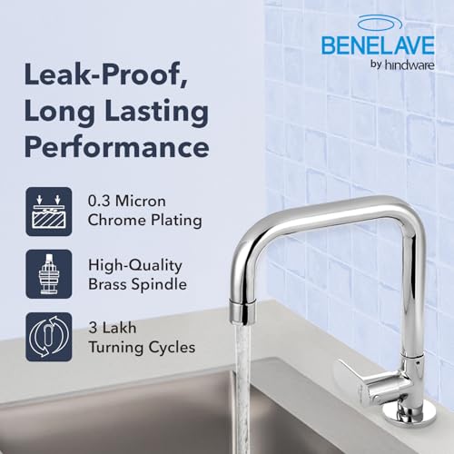 Image of Benelave by Hindware Sink Tap with Raised J-Spout for Kitchen | Made of Brass | Mirror-Like Chrome Polish Finish | Better Reach | Deck Mount Installation | Volga Range | 7-Year Manufacturer Warranty