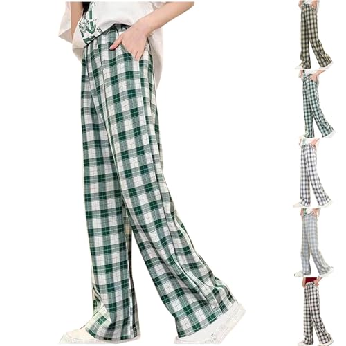 Girls Ice Silk Plaid Pants Summer Thin Elastic Waist Lightweight Straight Checkered Trousers with Pockets for Kids 5-16 Years2