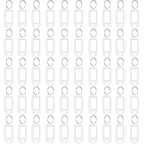 Qikaara 50 etiquetas blancas para llaves con etiquetas, llaveros de plástico, etiquetas de identificación de nombre, etiquetas de equipaje para mascotas y oficina