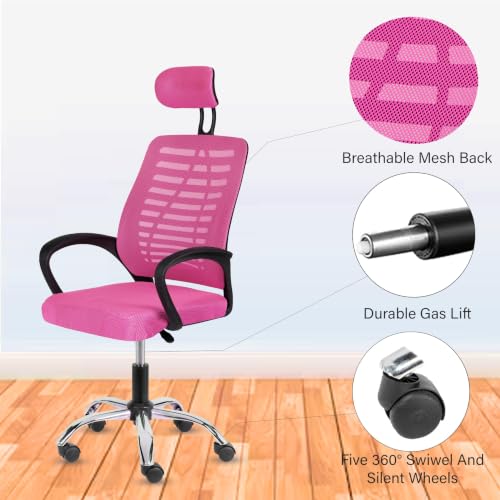 Image of Casa Copenhagen,Mesh Office Desk,Rocking, Ergonomic Computer Chair Adjustable High with Headrest and Comfortable Armrest Swivel Chair - Pink & Jet Black Handle