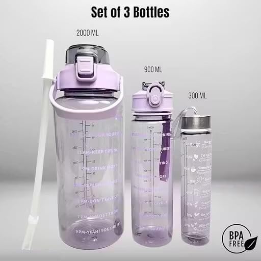 Image of EKAN 3 in 1 Motivational Water Bottles Set 2000 ml, 900 ml, 300 ml Large Capacity Sipper Bottles for School, Office, Home and Gym Use Leak-proof BPA-Free Water Bottles (Purple)