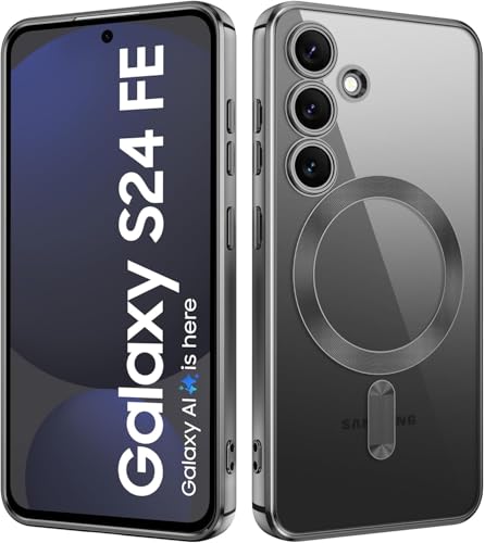 Image of VONZEE Clear Logo Electroplating Transparent Case For Samsung Galaxy S24 FE 5G, Magnetic Plating [Support For MagSafe Charger] Tpu Case Cover, Individual Camera Protection For Each Lens- Black