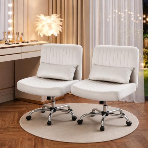 Image of Velvet Criss Cross Desk Chair with Wheels, Luxury Cross Legged Office Office, Swivel Wide Seat Vanity Chair, Armless Adjustable Height Gaming Chair Gift, Dusty (2, White)