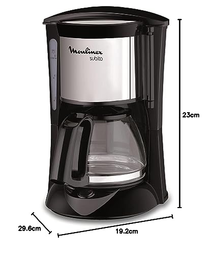 Moulinex Subito Cafetière filtre électrique, 0,6 L soit 6 tasses, Machine à café, Système anti goutte, Porte-filtre pivotant, Auto off 30 min FG150813, Noir/Inox