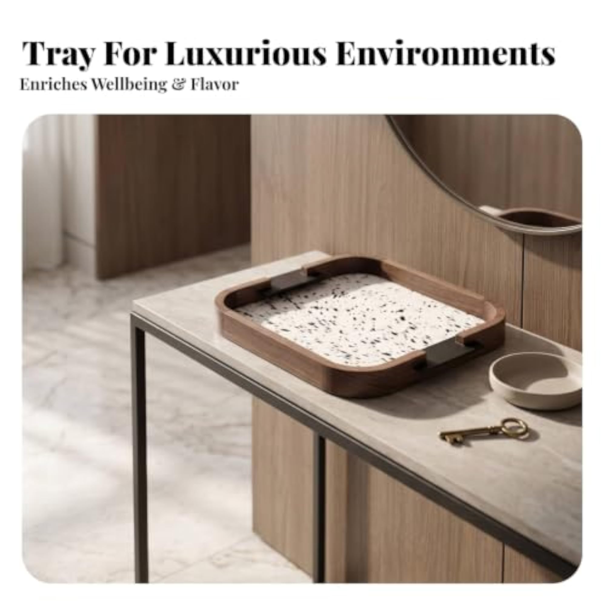 CLOVRIX® Rounded-Square Leather Edged Wood Decorative Tray