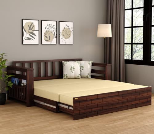Image of Sheesham Wooden Sofa Cum Bed for Living Room with Side Pocket Storage - 3 Seater Sofa Cum Bed with Storage - 3 Person Sofa Cuma Bed Wooden with Premium Cushion Seating (Walnut)
