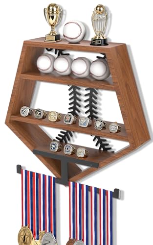 Baseball Ring Holder Baseball Display Shelf Soild Wood Wall Mount Baseball Ring Holder for Balls Trophy Medals and Memorabilia Walnut Color