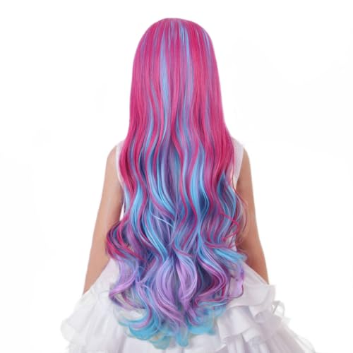 Image of Multi-color Wig for Children Long Rainbow Middle Part Wig for Girls Kids Long Blue Pink Wavy Curly Wig Colorful Wig Heat Resistant Synthetic Wig with Wig Cap