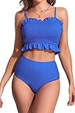 Adisputent Mommy and Me Swimsuits Family Matching Two Piece Shirred Bandeau Bikini Ruffle Swimwear High Waist Bathing Suit Royal Blue 7-8 Years