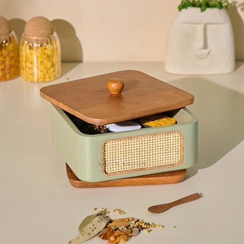 Image of Brick Brown Jali Wooden Masala Box with Lid | 9 Stainless Steel Containers & Wooden Spoon | Handcrafted Spice Box Organizer with 360 Rotating Base | Masala Dani for Kitchen Storage (8.3 x 4.3 Inch)