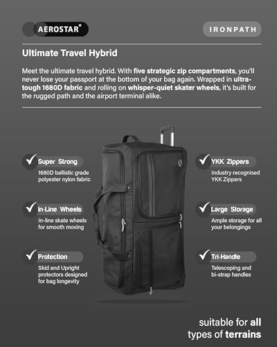Aerostar 32" Large Lightweight Duffle 2 Wheel Travel Bag Holdall Suitcase Check-In Luggage Ironpath (122L, Black) - 2