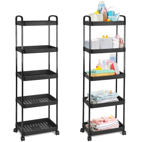 Image of Barydat Baby Diaper Caddy Organizer, Rolling Plastic Movable Diaper Cart Essentials Baby Diapers Storage Organizer Newborn Nursery Essentials for Changing Tables, Crib, Wipes(5 Tiers,Black)