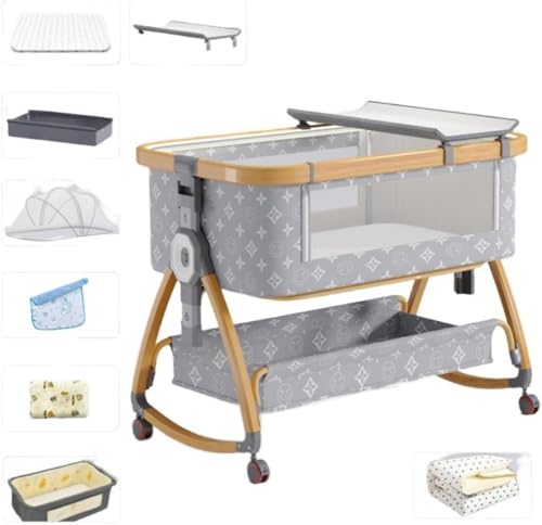 tベビーベッド 添い寝 ゆりかご 新生児ベッド 折りたたみベビーベッド 高さ6段調節可能 キャスタ付き なポータブル移動式ベビーベッド ベビーマットレス、おむつ交換台、収納バスケット、蚊帳、 涼しいシーツ、枕、ベッドガード、布団付きで、生後すぐの新生児から