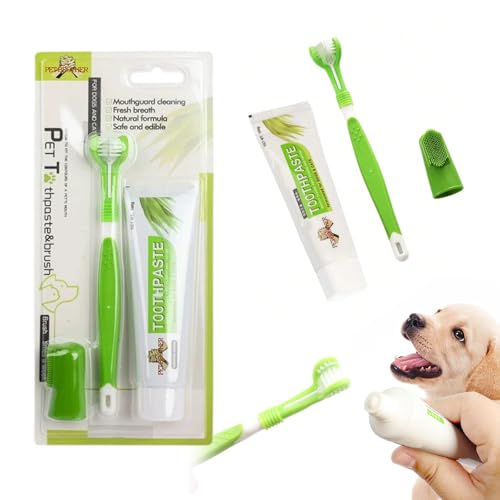 VARKAGE Zahnpflege Hund Set, Hundezahnpasta Gegen Zahnstein, Zahnbürste für Hunde und Katzen, Hundezahnbürste und Fingerzahnbürste, Entfernt Plaque und Mundgeruch