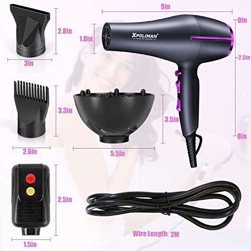2000 Watt Hair Dryer, Xpoliman Professional Negative Ionic Salon Blow Dryer With Powerful Ac Motor, Fast Drying Salon Hair Dryers With Diffuser & Concentrators, Cool Shot Button, For Women & Men #TOP1