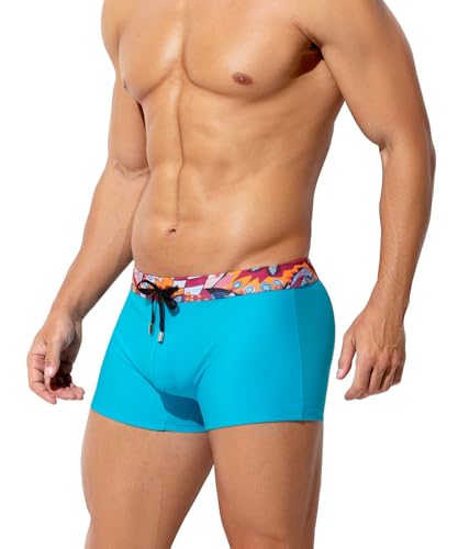 Arjen Kroos Mens Swim Briefs Square Leg Board Short Quick-Dry Swimwear with External Drawstring Stretch Beach Trunks Azure