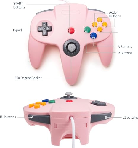 Image of 2 Pack Classic N64 Controller, kiwitata Retro N64 Remote Gaming Joystick Wired Gamepad Controller for N64 System Video Games Console Pink