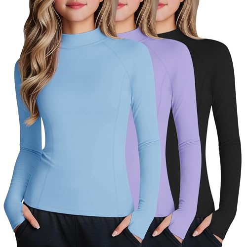 Recopilación de Camisetas de manga larga para Niña los mejores 10. 50 LessonZoo - Paquete de 3 camisetas atléticas de manga larga para niñas, cuello alto falso, secado rápido, camisetas deportivas para yoga, con agujeros para el pulgar, Azul...