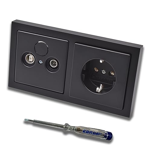 Busch Jäger Set : boîte de passage à 2 trous, plage de fréquence 5-2400 MHz, compatibilité radio/TV/SAT avec cadre future linéaire noir mat, prise 20EUC-885 + testeur de phase EBROM pour montage des