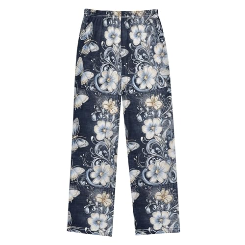 Pajama Pants Sleep Pants Soft Elastic Waist Pajama Lounge Pants Denim Background Ornate Floral for 6-14 Years Old2