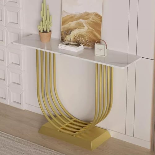 モダンなコンソールテーブル、U字型の金属ベースを備えた大理石のソファエントランステーブル、リビングルーム、廊下、玄関用の収納棚付きの細長いアクセントテーブル、大理石の天板