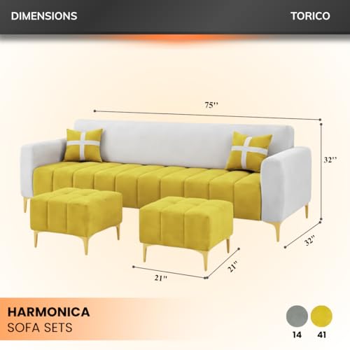 Image of Melody 3 Seater Modular L Shape Sofa Set with 2 Ottoman| Soft Velvet Upholstery, Sturdy Wooden Frame | Modern Sofa for Living Room, Hall & Office Spaces (Yellow-Light Grey)
