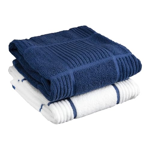 T-fal Solid & Checked Parquet Kitchen Towels: Highly Absorbent, Super Soft Long Lasting - 100% Cotton, 16"x26" Dish Towels for Cleaning & Drying Dishes, Pans, Glassware, or Countertops, (2-Pack), Blue