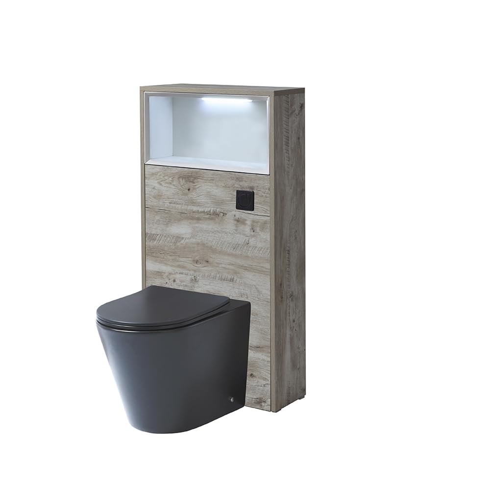 Milano Light Oak Unit / Black Flush 600Mm Light Oak Wc Unit Led Lit Shelf Graphite Toilet