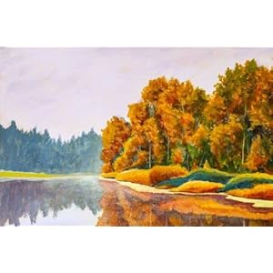 Canvas foto 50 x 30 cm: origineel op schilderij op canvas van de kunstenaar herfst aan de rivier. Russisch zeegand natuur mooie kunst (140696946)