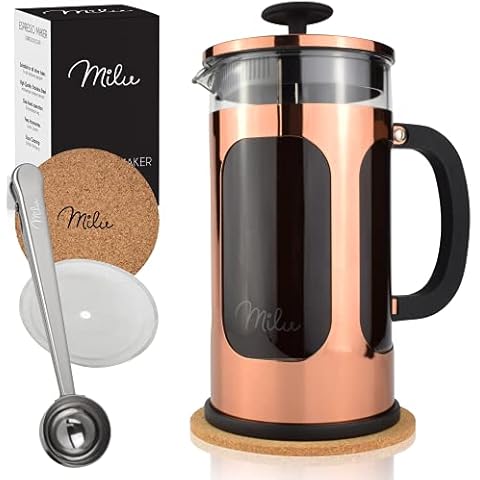 Milu French Press Coffee Maker | 350ml, 600ml, 1L | Glas Coffee Press, Set Including Replacement Filter, Coaster, Coffee Spoon (Rose, 1000ml (5 Cups) Cover