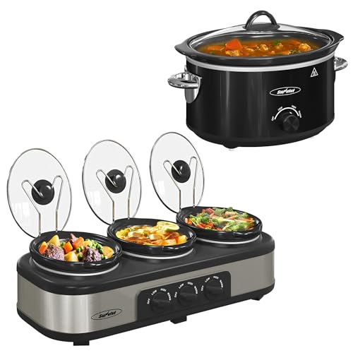 Sunvivi Slow Cooker, 4-Quart and Triple Slow CookerSmall Crock with 3 Heating Settings & Removable Ceramic Pot, Mini Food Warmer with Dishwasher Safe Glass Lid & Crock, Stainless Steel, Blac