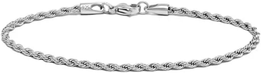 Adabele Solid Sterling Silver 18K White Gold Diamond Cut Braided Rope Chain Bracelet 7 7.5 8 Inch Tarnish Resistant Hypoallergenic Nickel Free Women Jewelry