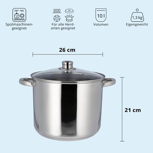 KHG Topf Kochtopf 26 cm, 10 Liter Induktion, Edelstahl unbeschichtet inkl. Glasdeckel – Ansicht 2