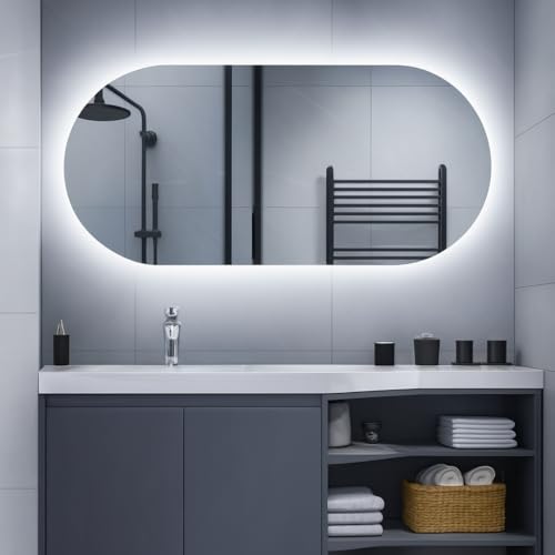 Espelho LED Moderno com Iluminação, Oval Lapidado, Luz Integrada, 80cm x 50cm, para Banheiro e Quarto, Montagem na Parede - KDEZ STORE