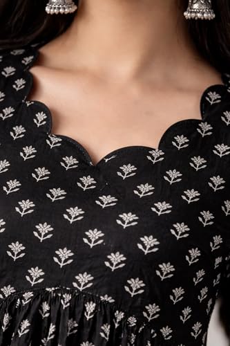 Image of Women's Rayon Black Floral Block Print Kurti, Scallop Neckline, Full Sleeves, Gathered Fit