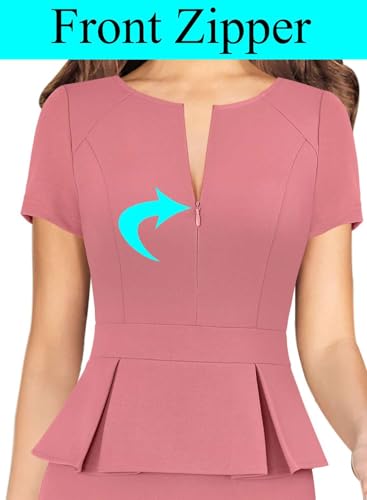 Image of VFSHOW Womens Work Business Office Front Zipper Peplum Bodycon Dresses Elegant Short Sleeve Slim Church Pencil Sheath Dress