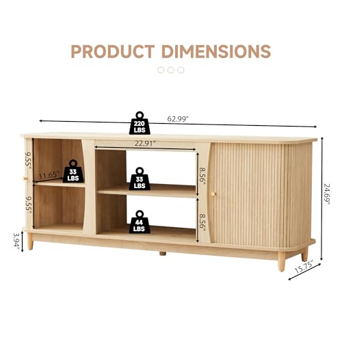 Image of TV Stand, Fluted Media Console Table with Storage and Sliding Door, Farmhouse Entertainment Center for Living Room, Home Office (Natural-No Fireplace)