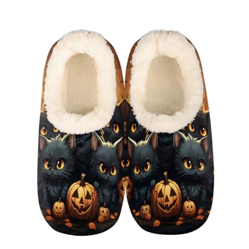 House Slippers for Women Men Black Cats Halloween Pumpkins Indoor Slippers Non-Slip Fuzzy Feet Slipper Winter Warm House Shoes, Women 5-6/Men 3-4