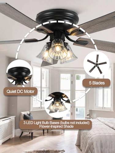 Image of 52 Inch Vintage Ceiling Fan with Lights Flush Mount Chandelier Ceiling Fan Indoor Farmhouse Rustic Chandelier Low Profile Antique Fandelier, 3 LED Light Bulbs Base, for Bedroom Living Room