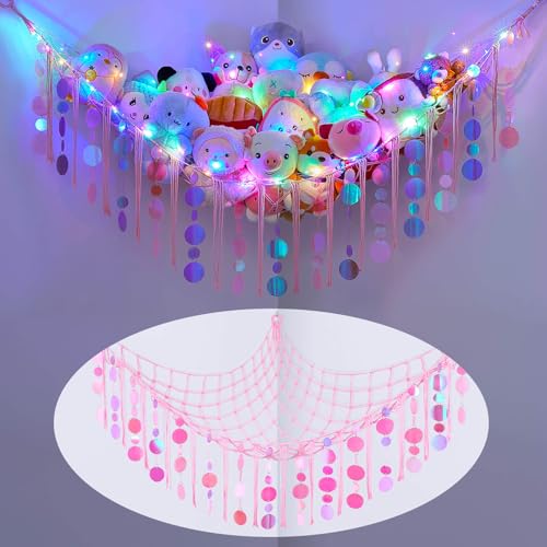 Image of FIOBEE Stuffed Animals Hammock Net Toy Storage Organizer with LED Light, Stuffed Animals Storage Girls Room Décor Wall Hanging with Sequins for Kids Bedroom Nursery Playroom, Light Pink