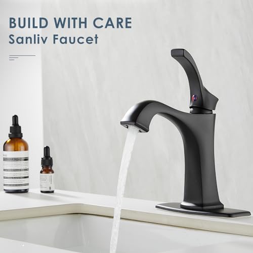 Matte Black Bathroom Faucet 1 Hole, Sanliv Single Handle Bathroom Sink Faucet, Modern Black Vanity Faucet with Deckplate & Pop-Up Drain for One or 3-Hole Farmhouse Sinks by SANLIV - Used condition - Image 8