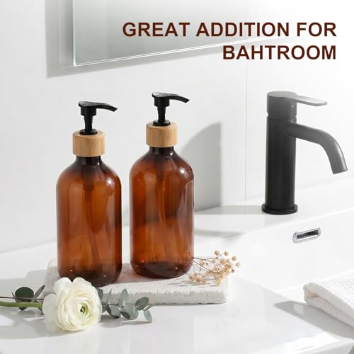 Image of KASUNTING Amber Soap Dispenser Plastic, Brown Dish Soap Dispenser with Bamboo Pump for Kitchen,17 Fl Oz Hand and Dish Dispenser Set for Bathroom, Farmhouse Liquid Soap and Lotion Dispensers Bottle